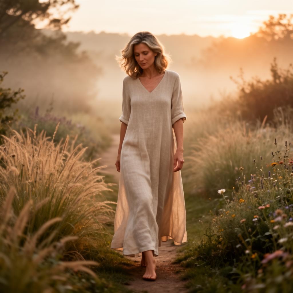 Femme marchant seule à l'aube sur un sentier naturel, regard introspectif