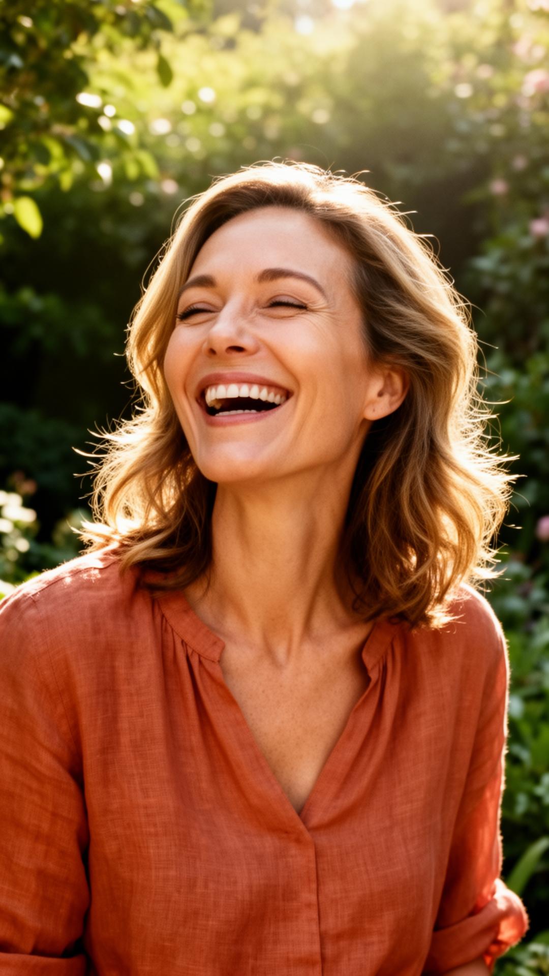 Portrait d'une femme riant doucement à la lumière du jardin
